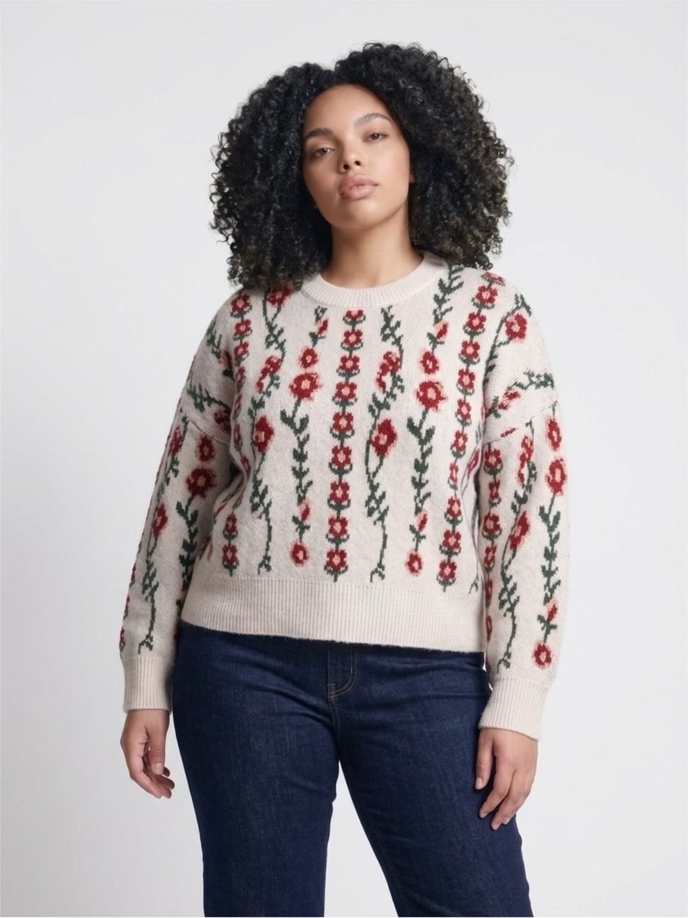Sincerely Jules Floral Knit Crewneck Sweater - Cream with Red Flowers